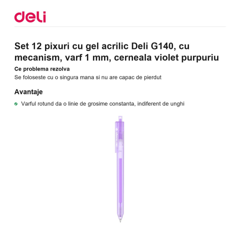 Set 12 pixuri cu gel acrilic Deli G140, cu mecanism, varf 1 mm, cerneala violet purpuriu [1]