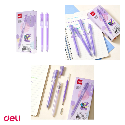 Set 12 pixuri cu gel acrilic Deli G140, cu mecanism, varf 1 mm, cerneala violet purpuriu [3]