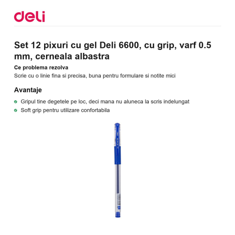 Set 12 pixuri cu gel Deli 6600, cu grip, varf 0.5 mm, cerneala albastra [1]
