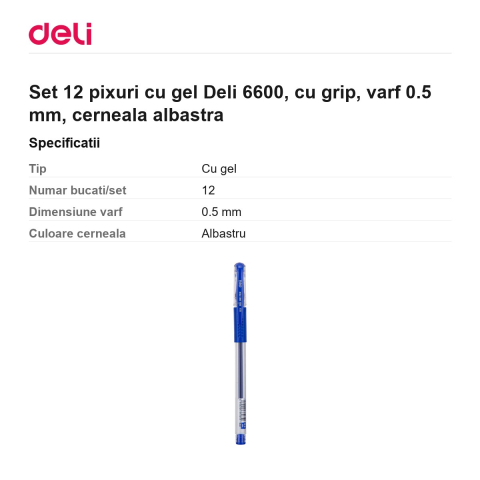 Set 12 pixuri cu gel Deli 6600, cu grip, varf 0.5 mm, cerneala albastra [2]