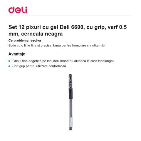 Set 12 pixuri cu gel Deli 6600, cu grip, varf 0.5 mm, cerneala neagra [1]