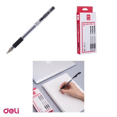 Set 12 pixuri cu gel Deli 6600, cu grip, varf 0.5 mm, cerneala neagra [3]