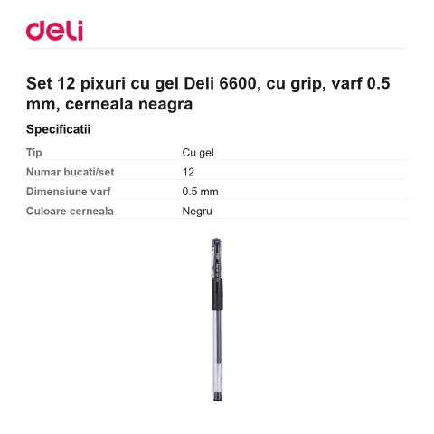 Set 12 pixuri cu gel Deli 6600, cu grip, varf 0.5 mm, cerneala neagra [2]