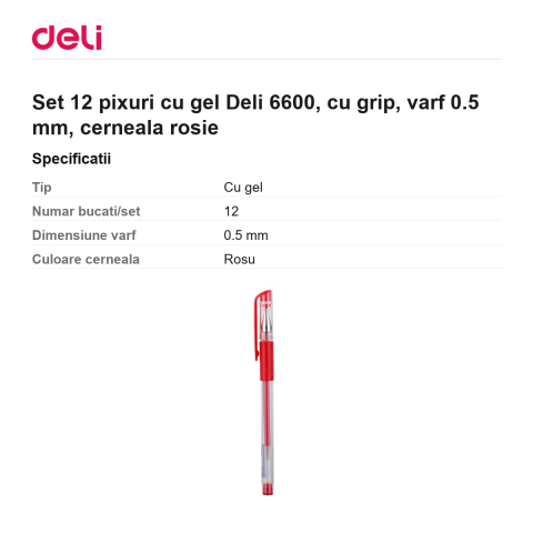Set 12 pixuri cu gel Deli 6600, cu grip, varf 0.5 mm, cerneala rosie [2]