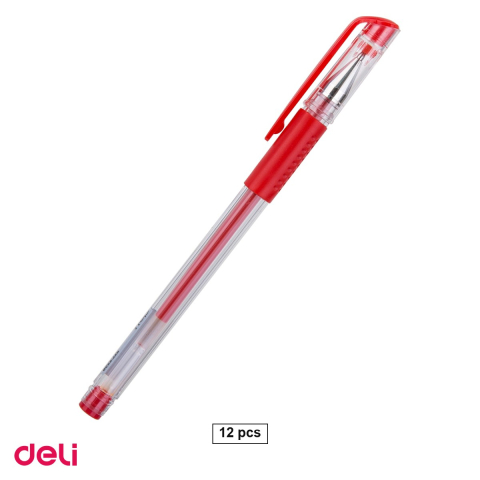 Pixuri - Set 12 pixuri cu gel Deli 6600, cu grip, varf 0.5 mm, cerneala rosie