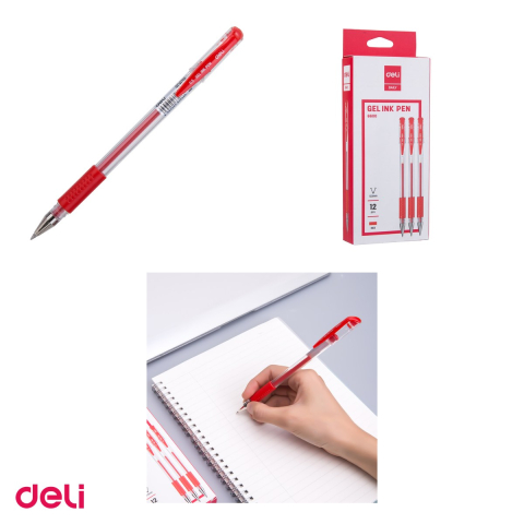 Set 12 pixuri cu gel Deli 6600, cu grip, varf 0.5 mm, cerneala rosie [3]