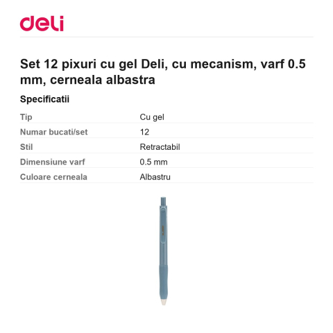 Set 12 pixuri cu gel Deli, cu mecanism, varf 0.5 mm, cerneala albastra [2]