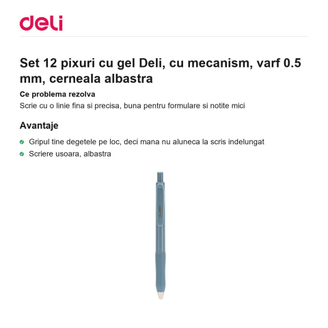 Set 12 pixuri cu gel Deli, cu mecanism, varf 0.5 mm, cerneala albastra [1]