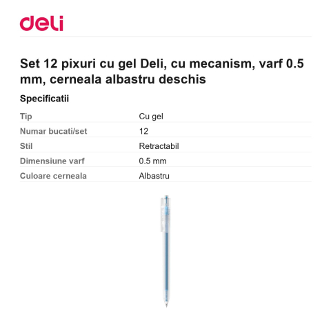 Set 12 pixuri cu gel Deli, cu mecanism, varf 0.5 mm, cerneala albastru deschis [2]