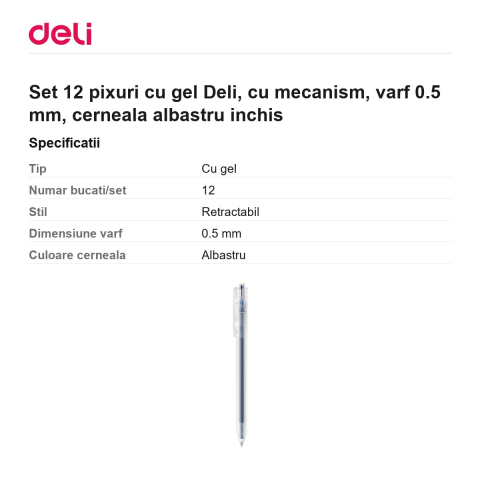 Set 12 pixuri cu gel Deli, cu mecanism, varf 0.5 mm, cerneala albastru inchis [2]
