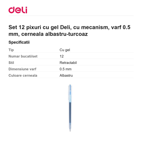 Set 12 pixuri cu gel Deli, cu mecanism, varf 0.5 mm, cerneala albastru-turcoaz [2]