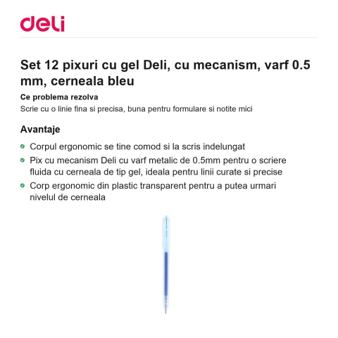 Set 12 pixuri cu gel Deli, cu mecanism, varf 0.5 mm, cerneala bleu [1]