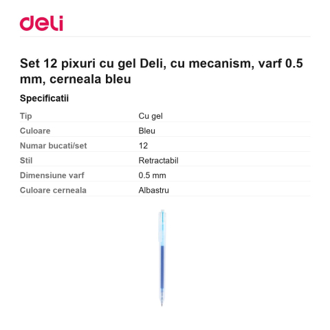Set 12 pixuri cu gel Deli, cu mecanism, varf 0.5 mm, cerneala bleu [2]