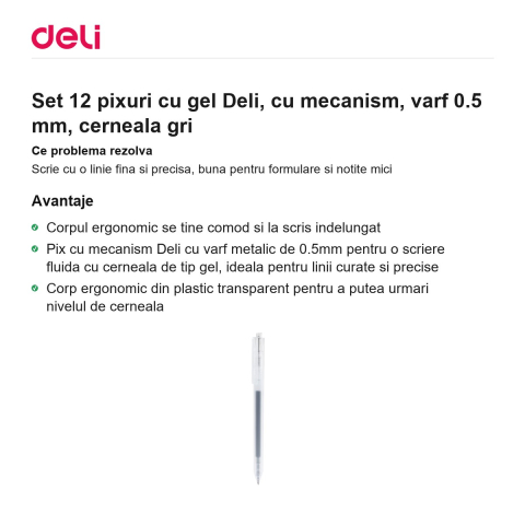 Set 12 pixuri cu gel Deli, cu mecanism, varf 0.5 mm, cerneala gri [1]