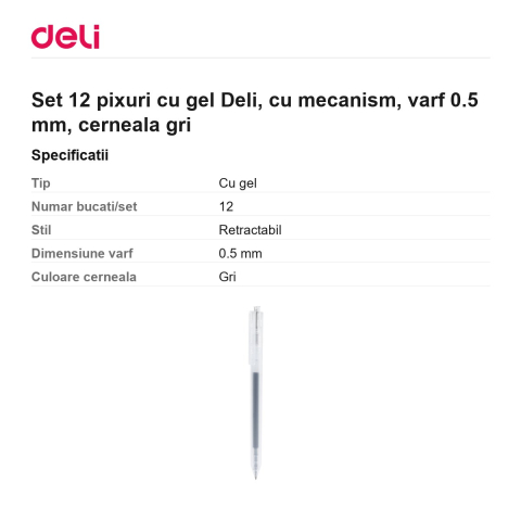 Set 12 pixuri cu gel Deli, cu mecanism, varf 0.5 mm, cerneala gri [2]