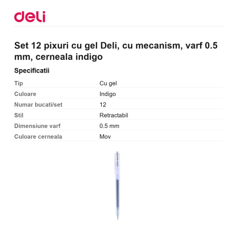 Set 12 pixuri cu gel Deli, cu mecanism, varf 0.5 mm, cerneala indigo [2]