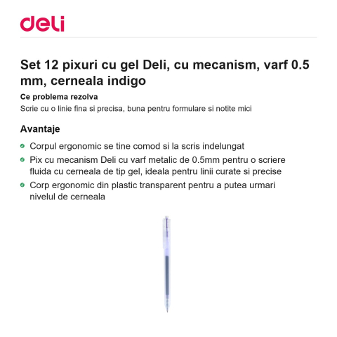 Set 12 pixuri cu gel Deli, cu mecanism, varf 0.5 mm, cerneala indigo [1]