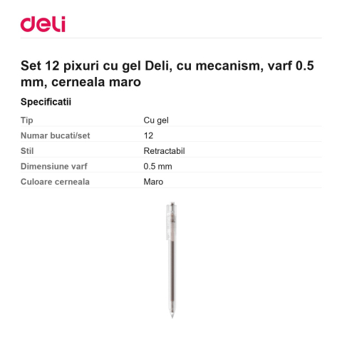 Set 12 pixuri cu gel Deli, cu mecanism, varf 0.5 mm, cerneala maro [2]