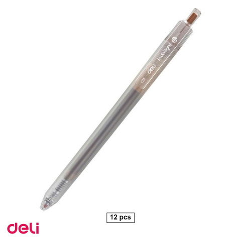 Pixuri - Set 12 pixuri cu gel Deli, cu mecanism, varf 0.5 mm, cerneala maro deschis