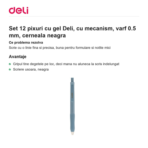 Set 12 pixuri cu gel Deli, cu mecanism, varf 0.5 mm, cerneala neagra [1]