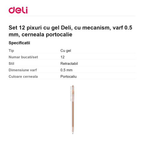 Set 12 pixuri cu gel Deli, cu mecanism, varf 0.5 mm, cerneala portocalie [2]