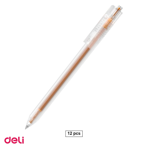 Birotica papetarie - Set 12 pixuri cu gel Deli, cu mecanism, varf 0.5 mm, cerneala portocalie