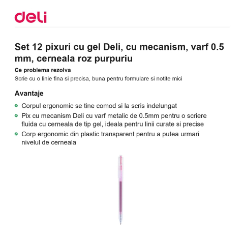 Set 12 pixuri cu gel Deli, cu mecanism, varf 0.5 mm, cerneala roz purpuriu [1]