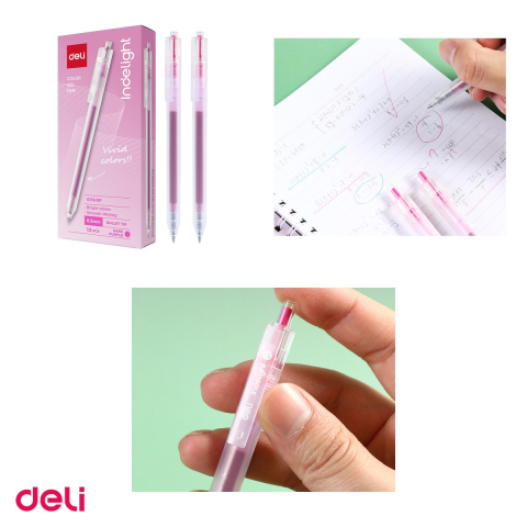 Set 12 pixuri cu gel Deli, cu mecanism, varf 0.5 mm, cerneala roz purpuriu [3]