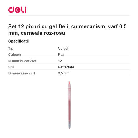 Set 12 pixuri cu gel Deli, cu mecanism, varf 0.5 mm, cerneala roz-rosu [2]