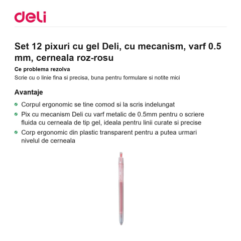 Set 12 pixuri cu gel Deli, cu mecanism, varf 0.5 mm, cerneala roz-rosu [1]
