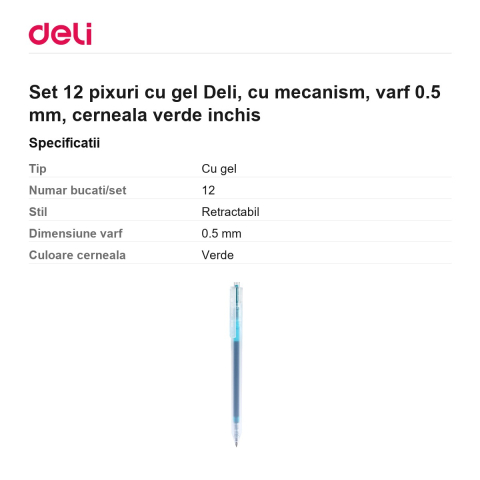 Set 12 pixuri cu gel Deli, cu mecanism, varf 0.5 mm, cerneala verde inchis [2]