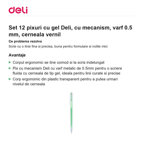 Set 12 pixuri cu gel Deli, cu mecanism, varf 0.5 mm, cerneala vernil [1]
