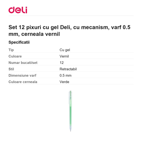 Set 12 pixuri cu gel Deli, cu mecanism, varf 0.5 mm, cerneala vernil [2]