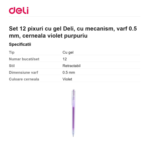 Set 12 pixuri cu gel Deli, cu mecanism, varf 0.5 mm, cerneala violet purpuriu [2]
