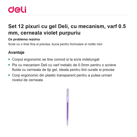 Set 12 pixuri cu gel Deli, cu mecanism, varf 0.5 mm, cerneala violet purpuriu [1]