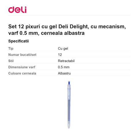 Set 12 pixuri cu gel Deli Delight, cu mecanism, varf 0.5 mm, cerneala albastra [2]