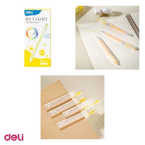 Set 12 pixuri cu gel Deli Delight, cu mecanism, varf 0.5 mm, cerneala galbena [3]
