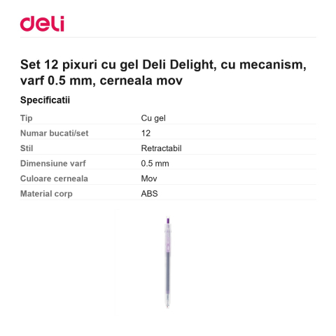 Set 12 pixuri cu gel Deli Delight, cu mecanism, varf 0.5 mm, cerneala mov [2]