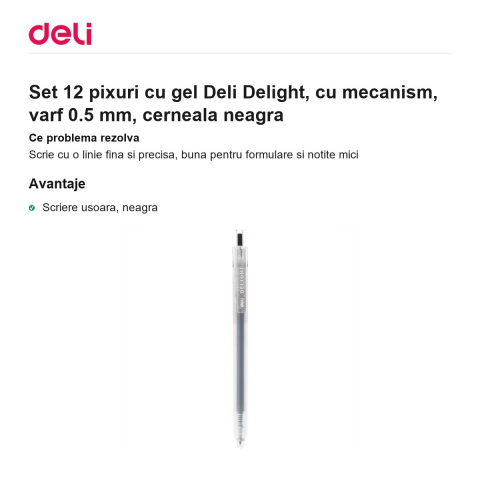 Set 12 pixuri cu gel Deli Delight, cu mecanism, varf 0.5 mm, cerneala neagra [1]