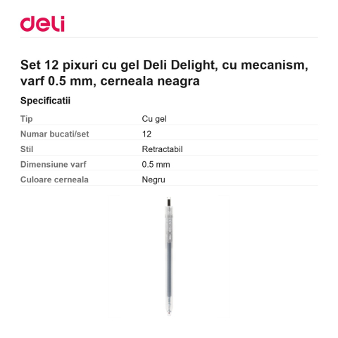 Set 12 pixuri cu gel Deli Delight, cu mecanism, varf 0.5 mm, cerneala neagra [2]
