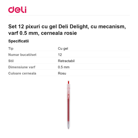 Set 12 pixuri cu gel Deli Delight, cu mecanism, varf 0.5 mm, cerneala rosie [2]