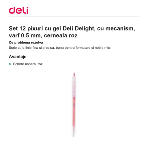 Set 12 pixuri cu gel Deli Delight, cu mecanism, varf 0.5 mm, cerneala roz [1]