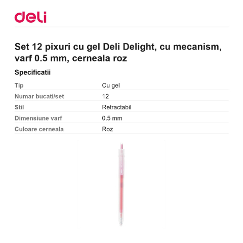 Set 12 pixuri cu gel Deli Delight, cu mecanism, varf 0.5 mm, cerneala roz [2]