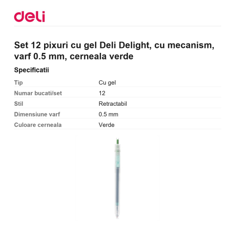 Set 12 pixuri cu gel Deli Delight, cu mecanism, varf 0.5 mm, cerneala verde [2]