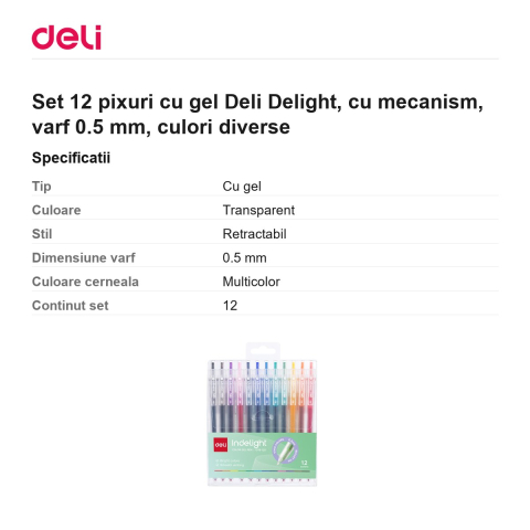 Set 12 pixuri cu gel Deli Delight, cu mecanism, varf 0.5 mm, culori diverse [2]
