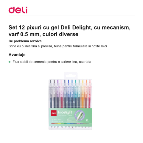 Set 12 pixuri cu gel Deli Delight, cu mecanism, varf 0.5 mm, culori diverse [1]