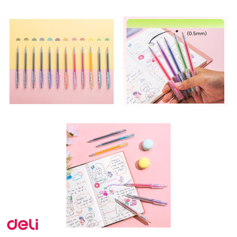 Set 12 pixuri cu gel Deli Delight, cu mecanism, varf 0.5 mm, culori diverse [3]