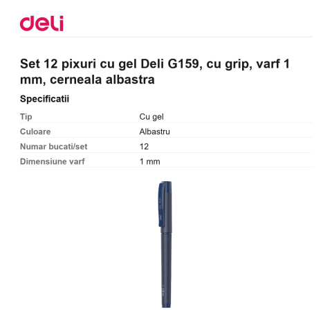 Set 12 pixuri cu gel Deli G159, cu grip, varf 1 mm, cerneala albastra [2]