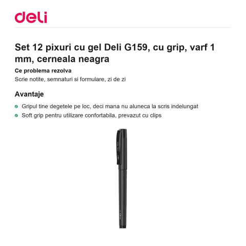Set 12 pixuri cu gel Deli G159, cu grip, varf 1 mm, cerneala neagra [1]