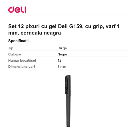 Set 12 pixuri cu gel Deli G159, cu grip, varf 1 mm, cerneala neagra [2]